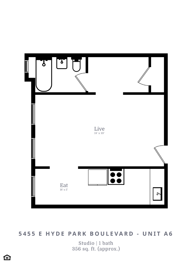 Floor plan for studio, 1 bath, 356 sqft